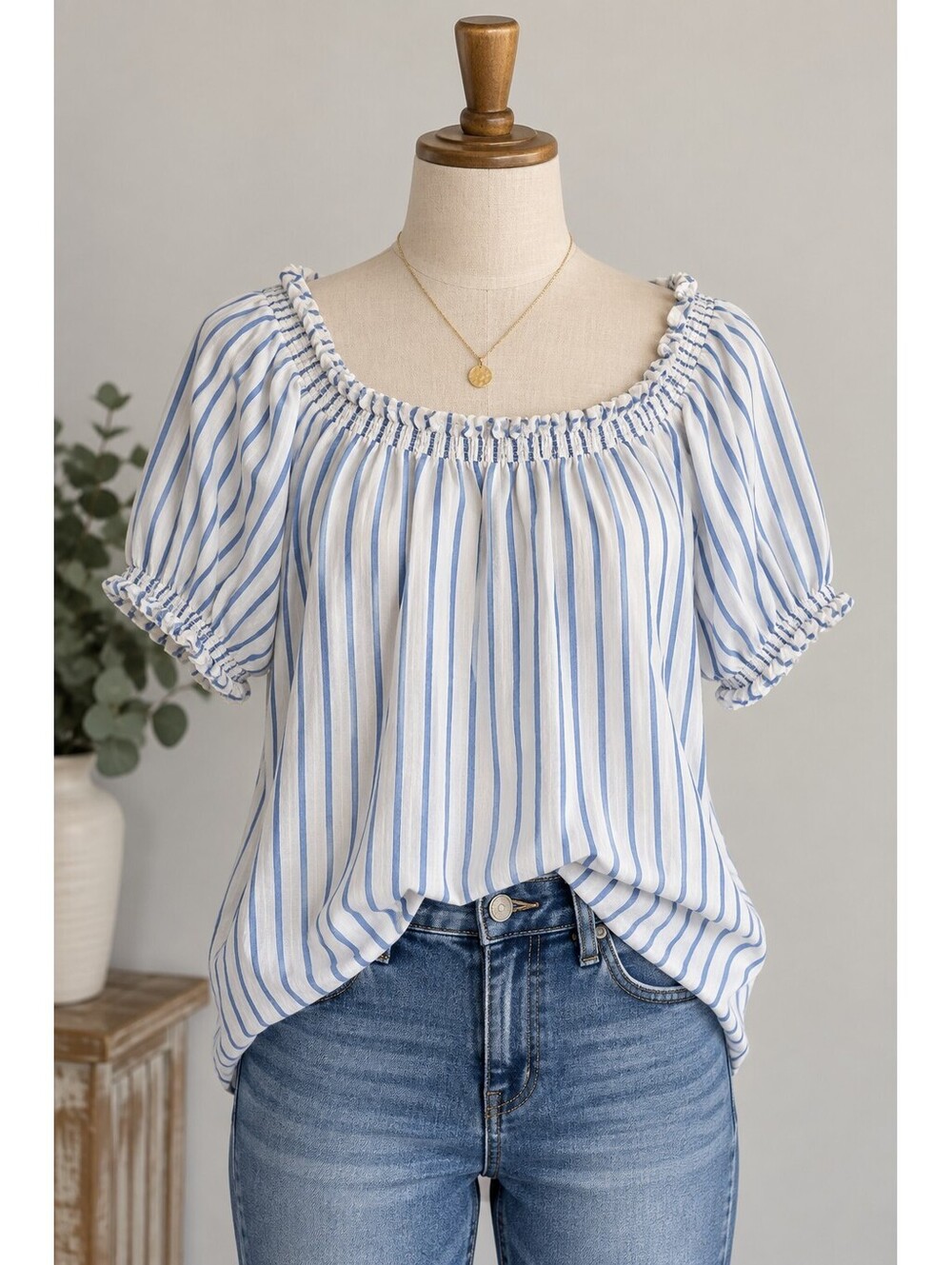 St. John's Bay white and baby blue striped short sleeve blouse